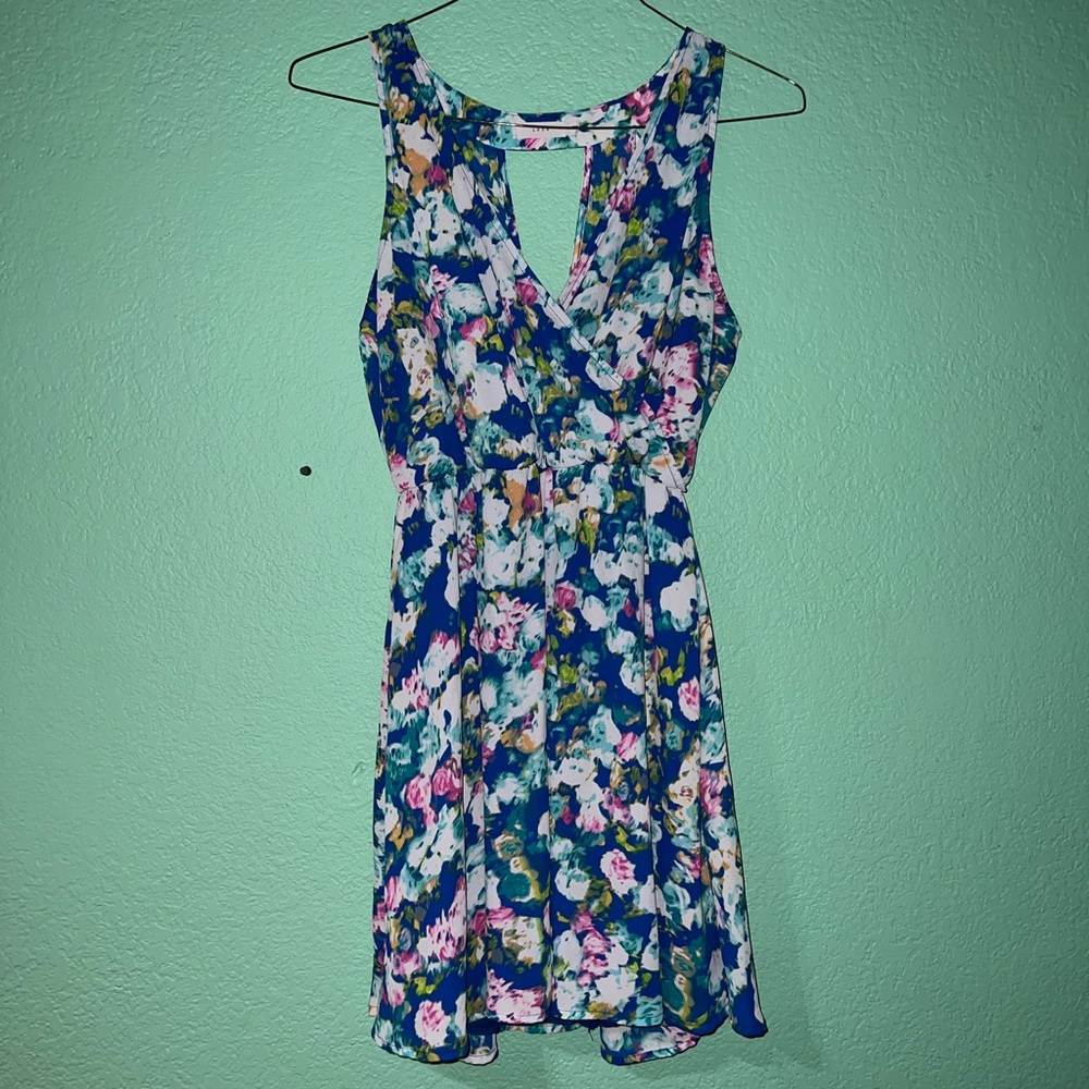 Lush Blue Floral Sleeveless Wrap-Style Mini Dress